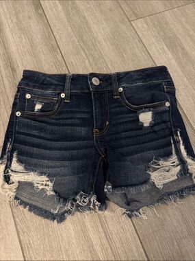 American Eagle Outfitters Dark Indigo Distressed Denim Cutoff Midi Shorts